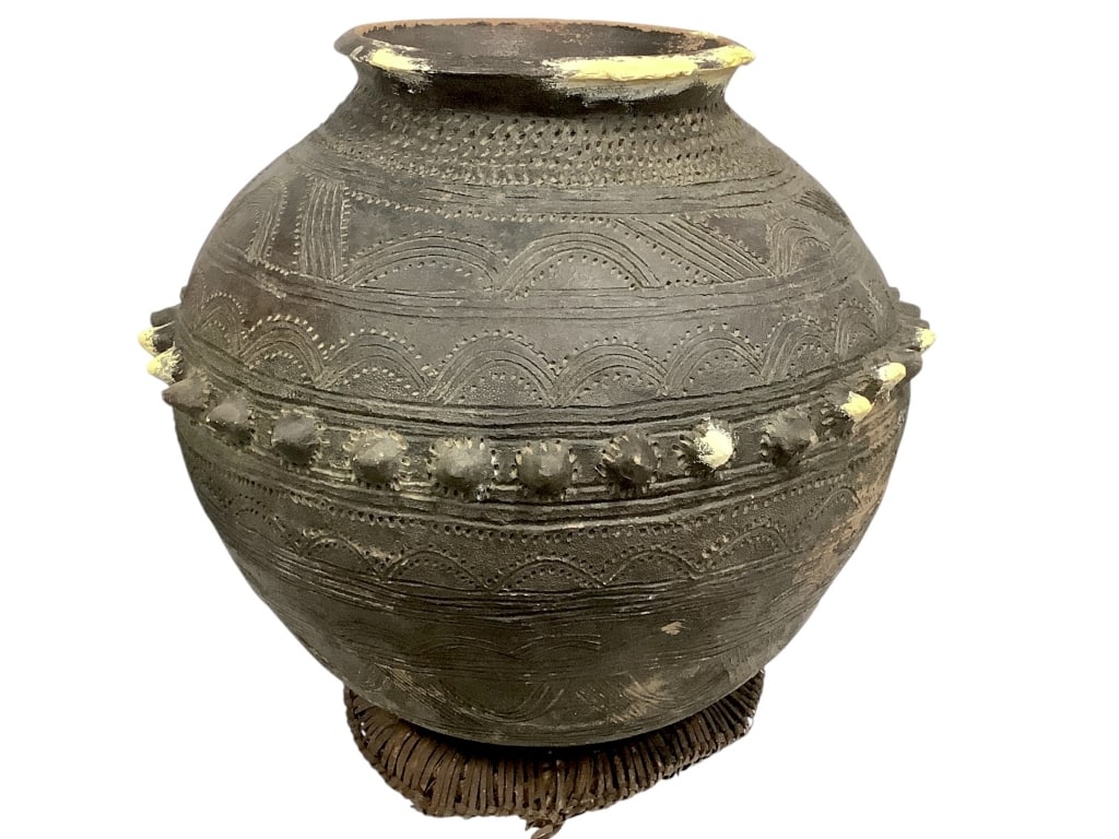 Nupe Storage or Water Vessels Nigeria: 19"H x 21"Dia. Fair condition for age. Repaired (cream colored areas on pot). Provenance: Collection of William and Diane Itter. Please see photos for condition and details. Please note: Some pots