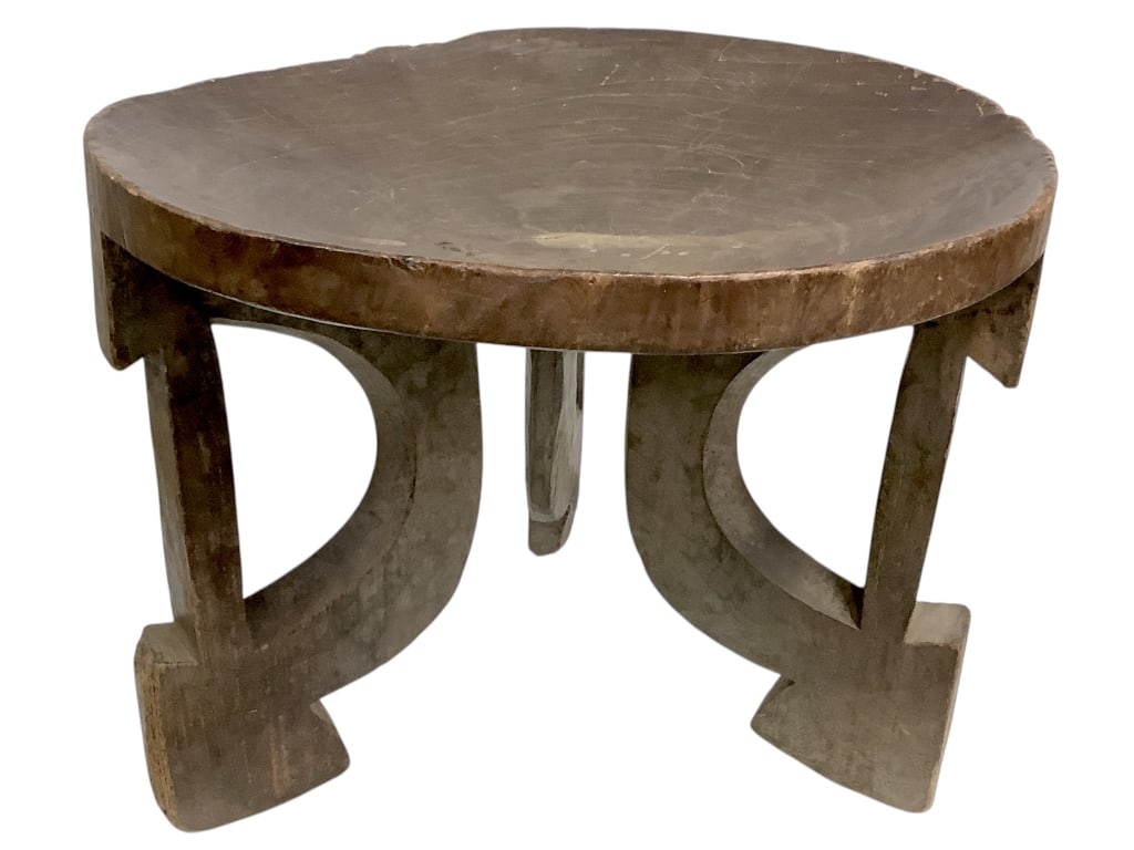 African Carved Wood Stool: 17"H x 21"Dia. Fair condition for age, cracks. Provenance: Collection of William and Diane Itter. Please see photos for condition and details.