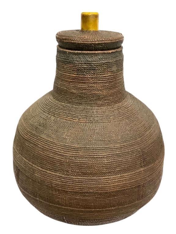 Borana Oromo Storage Basket With Lid: 20"H x 17"Dia. Has plastic cup for handle on lid incorporated into the weaving. Good condition for age. Provenance: Collection of William and Diane Itter. Please see photos for condition and details.