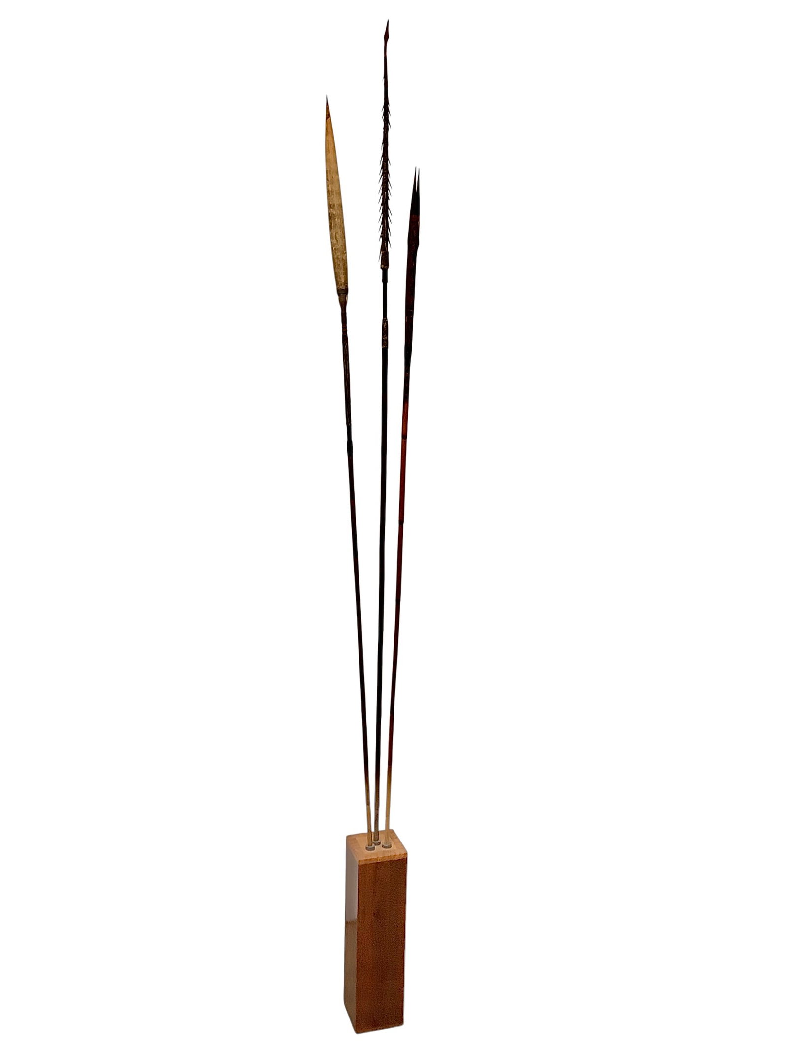 3 New Guinea Spears w Wood Stand: 781/2"H with stand. Stand is 4 1/8"W x 4 1/8"D. Provenance: Collection of William and Diane Itter. Please see photos for condition and details.