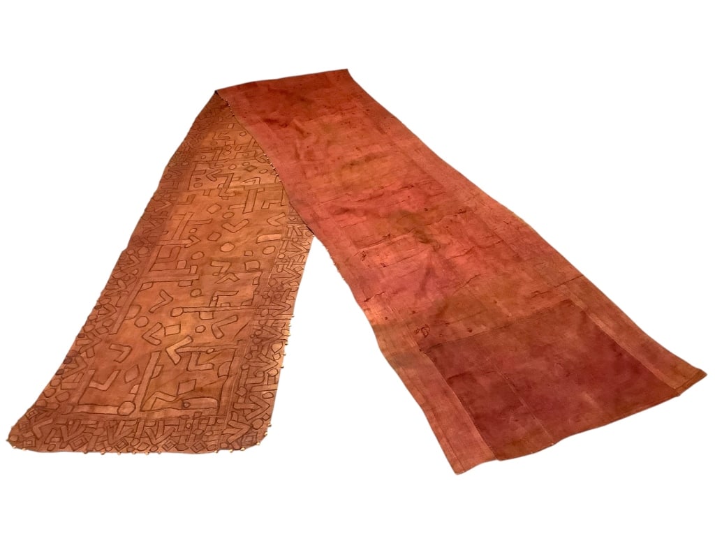 Mens Kuba Cloth Appliqued Raffia Wrapper Congo: 241" x 32”. Men's appliqued dyed woven natural fiber fabric with pompom edge. Provenance: Collection of William and Diane Itter. Please see photos for condition and details.