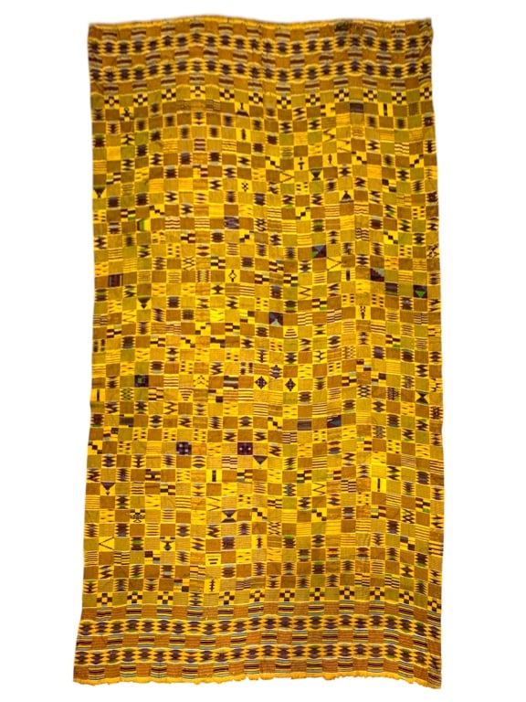 Asante Kente Cloth Ghana: 123" x 87”. Yellow green and red geometric pattern. Provenance: Collection of William and Diane Itter. Please see photos for condition and details.