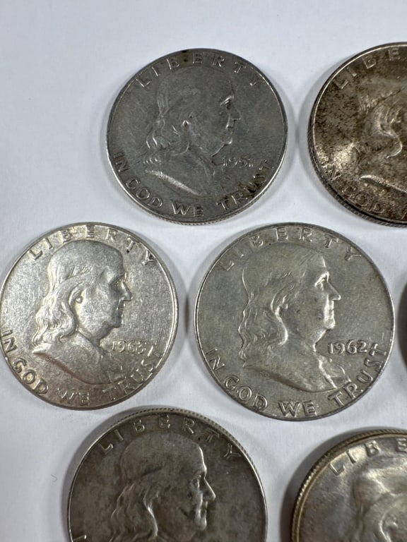 10 Silver Franklin Half Dollars Circulated - 2