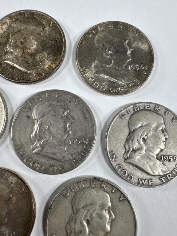 10 Silver Franklin Half Dollars Circulated - 3