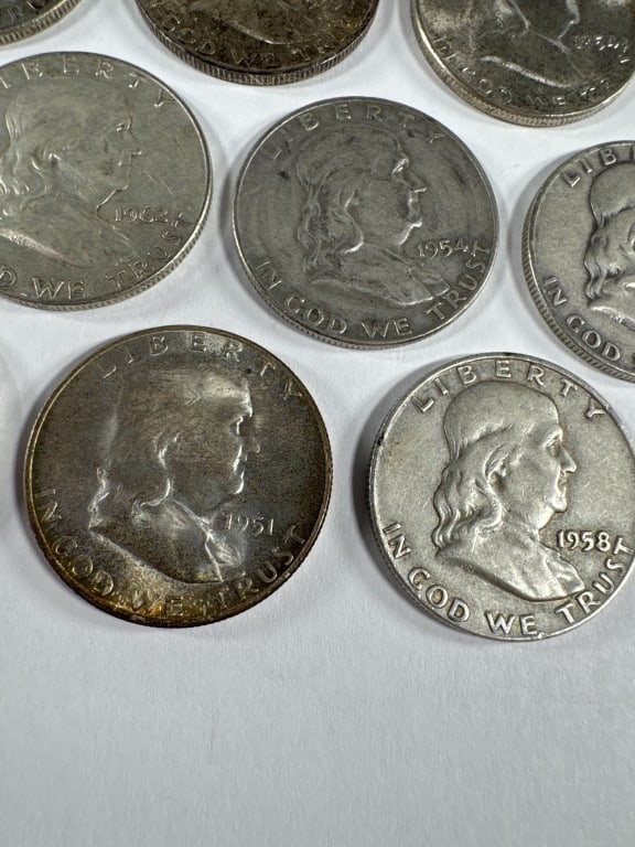 10 Silver Franklin Half Dollars Circulated - 4