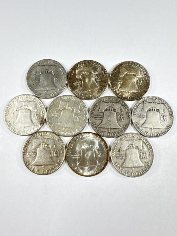 10 Silver Franklin Half Dollars Circulated - 5