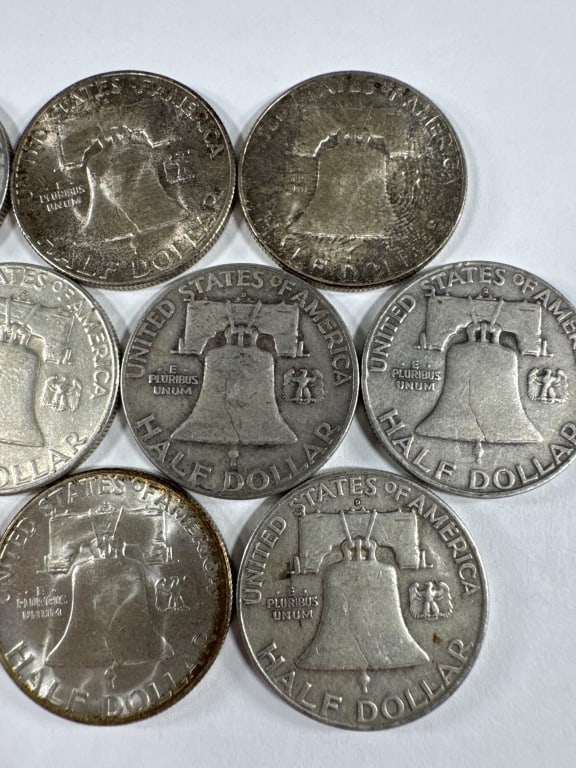 10 Silver Franklin Half Dollars Circulated - 7