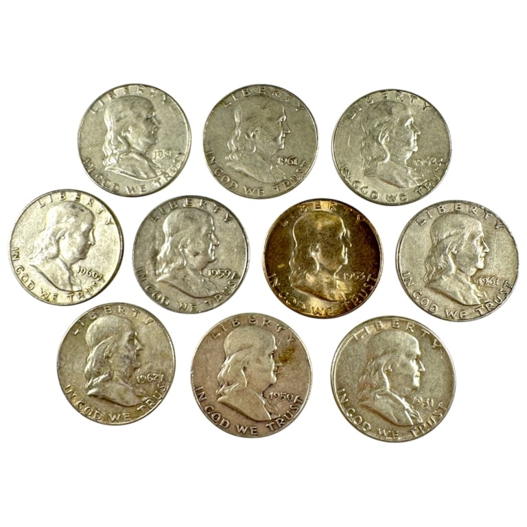 10 Silver Franklin Half Dollars Circulated: All circulated, various mint marks.