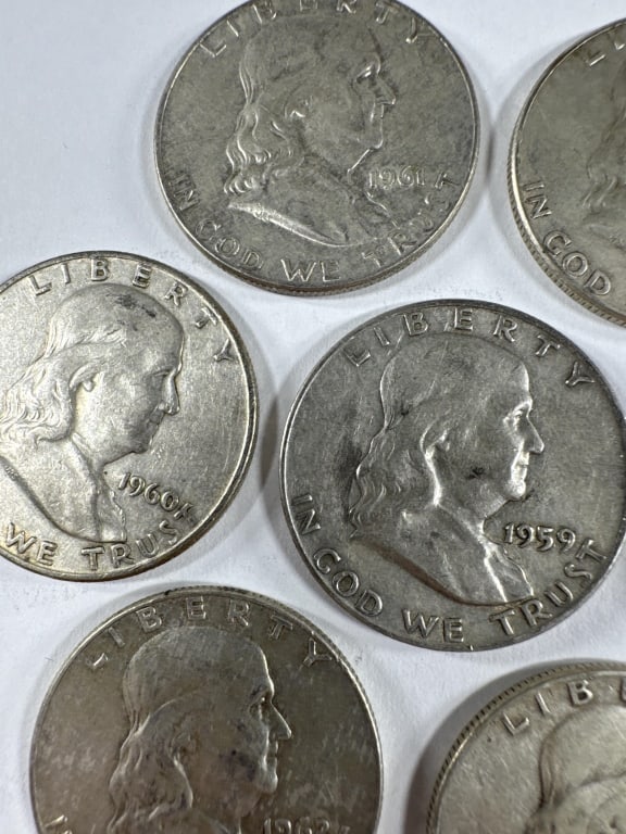 10 Silver Franklin Half Dollars Circulated - 2