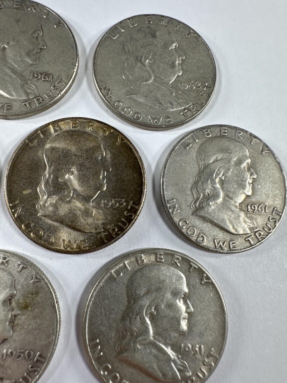 10 Silver Franklin Half Dollars Circulated - 3