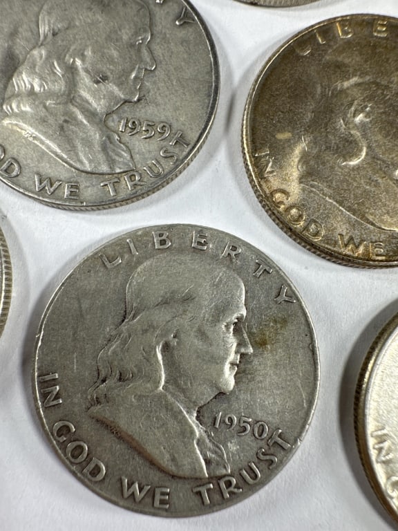 10 Silver Franklin Half Dollars Circulated - 4
