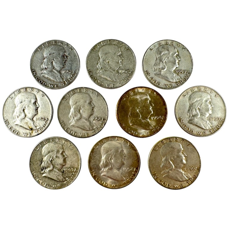 10 Silver Franklin Half Dollars Circulated: All circulated, various mint marks.