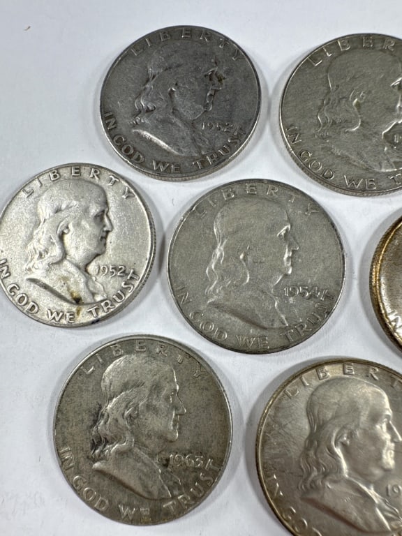 10 Silver Franklin Half Dollars Circulated - 2
