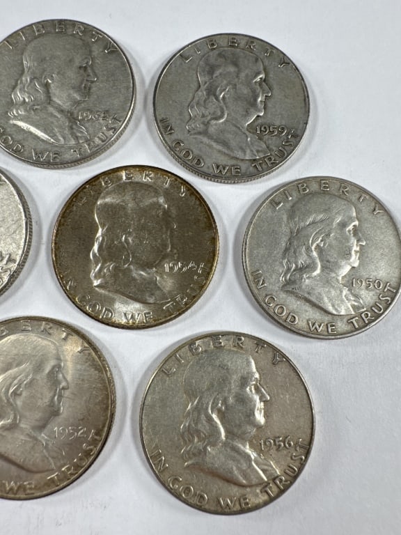 10 Silver Franklin Half Dollars Circulated - 3