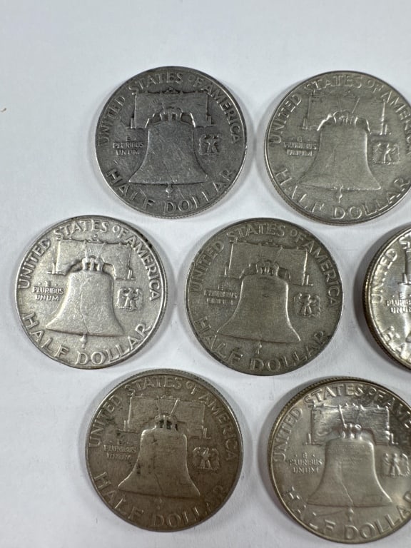 10 Silver Franklin Half Dollars Circulated - 4