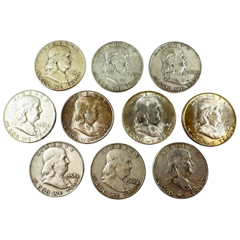 10 Silver Franklin Half Dollars Circulated: All circulated, various mint marks.