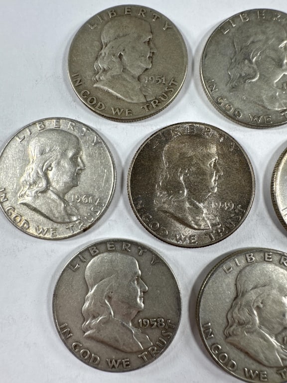 10 Silver Franklin Half Dollars Circulated - 2