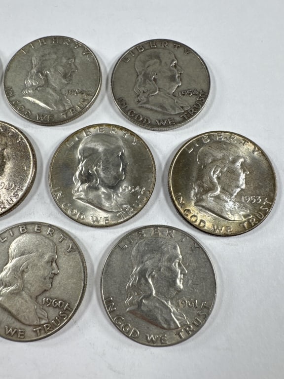 10 Silver Franklin Half Dollars Circulated - 3