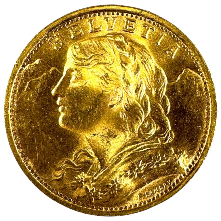 1947 Swiss 20 Franc Gold Coin .9000: Circulated condition. AGW = .1867