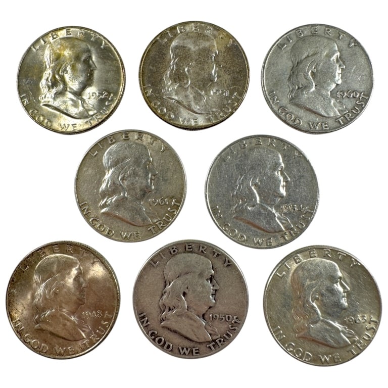 8 Franklin Silver Half Dollars Circulated: All circulated.