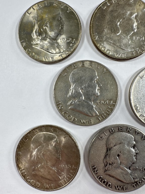8 Franklin Silver Half Dollars Circulated - 2