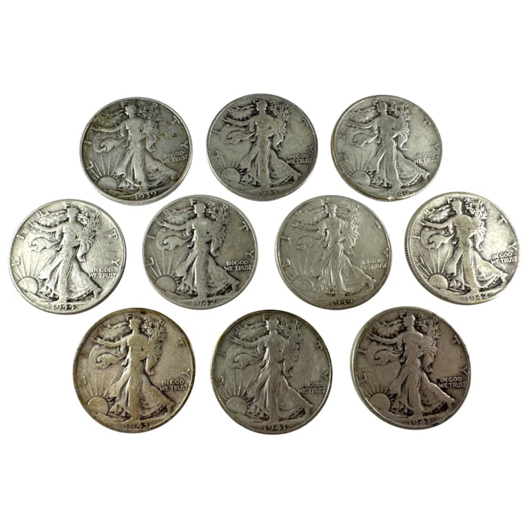 10 Walking Liberty Half Dollars Circulated: Mixed dates and conditions.