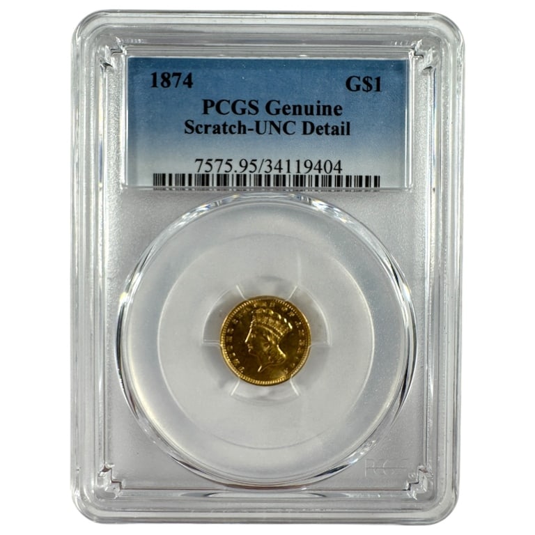 1874 $1 Gold PCGS Unc Detail Scratched: See pictures