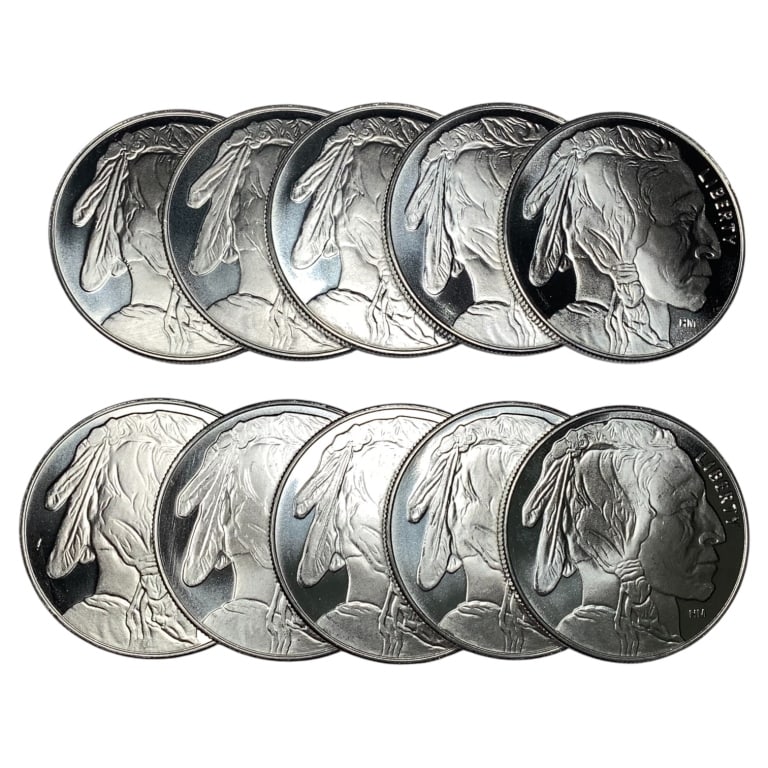 10 one ounce .999 Silver Buffalo Rounds: See pictures