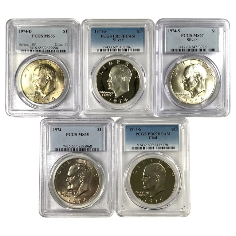 5 1974 Ike Dollars, all PCGS Slabbed w Silver: 1974 P PCGS MS65 1974 D PCGS MS65 1974 S Proof Clad PCGS PR69 DCAM 1974 S PCGS MS67 1974 S Silver Proof PCGS PR69 DCAM