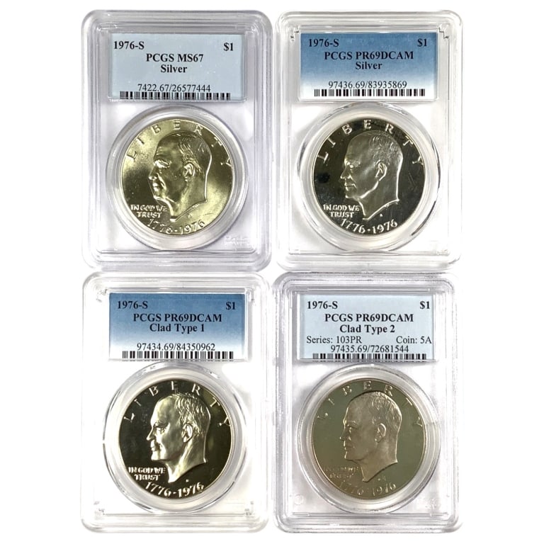 4 1976 S Ike Dollars PCGS Slabbed w Silver: 1976 S Type 1 Clad PCGS PR69 DCAM 1976 S Type 2 Clad PCGS PR69 DCAM 1976 S Silver PCGS MS69 1976 S Silver Proof PCGS PR69 DCAM