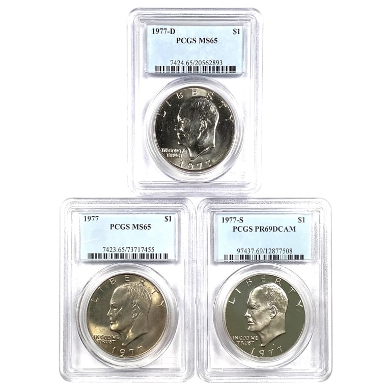 3 1977 Ike Dollars all PCGS Slabbed: 1977 P PCGS MS65 1977 D PCGS MS65 1977 S PCGS PR69DCAM