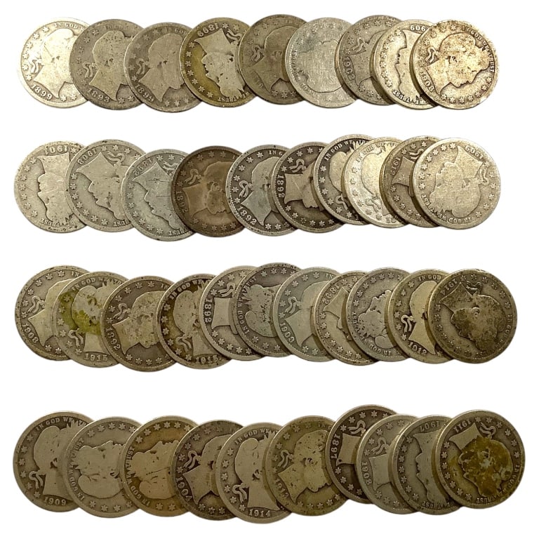 40 Barber Quarters in Tube: mixed dates, mint and: Condition