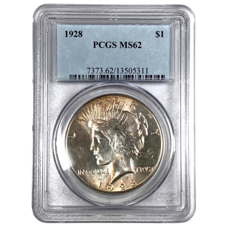 1928 Peace Dollar PCGS MS62 Key Date Coin: Light Toning