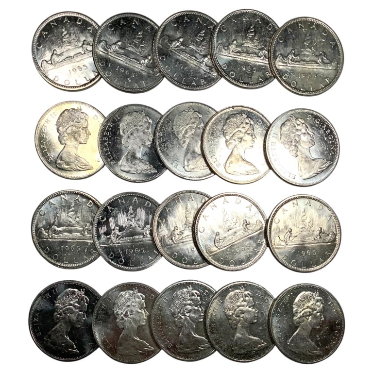 20 1965 Canadian Silver Dollars in Tube: .800 Silver, ASW 0.600 each