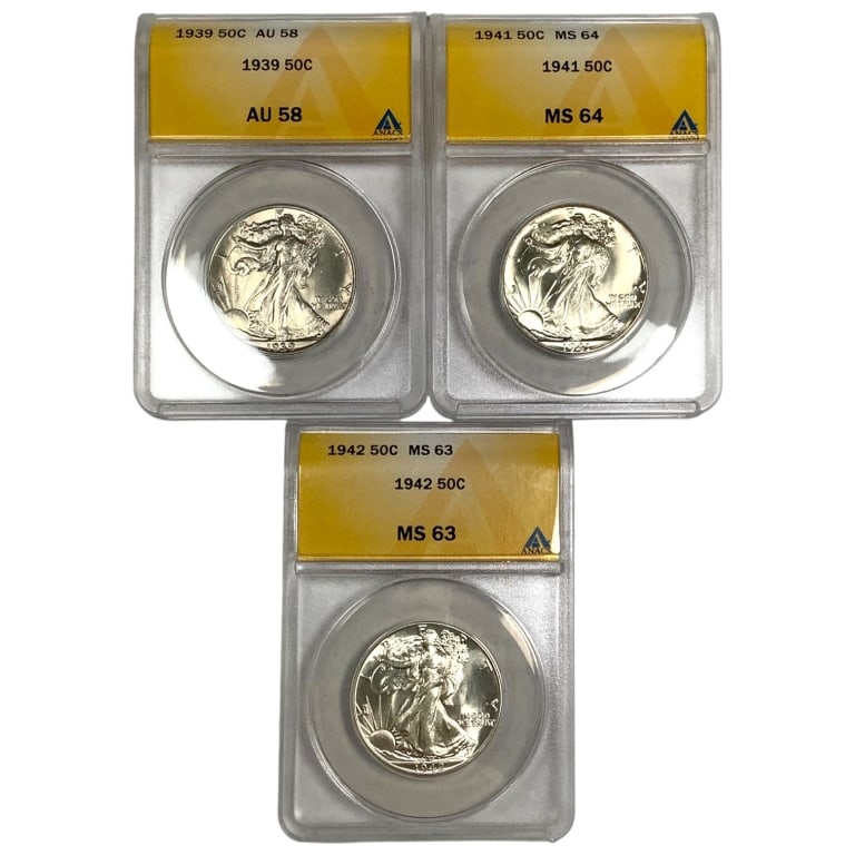3 WL Half Dollars; 1939, 1941, 1942 all ANACS: 1939 ANACS AU58 1941 ANACS MS64 1942 ANACS MS63