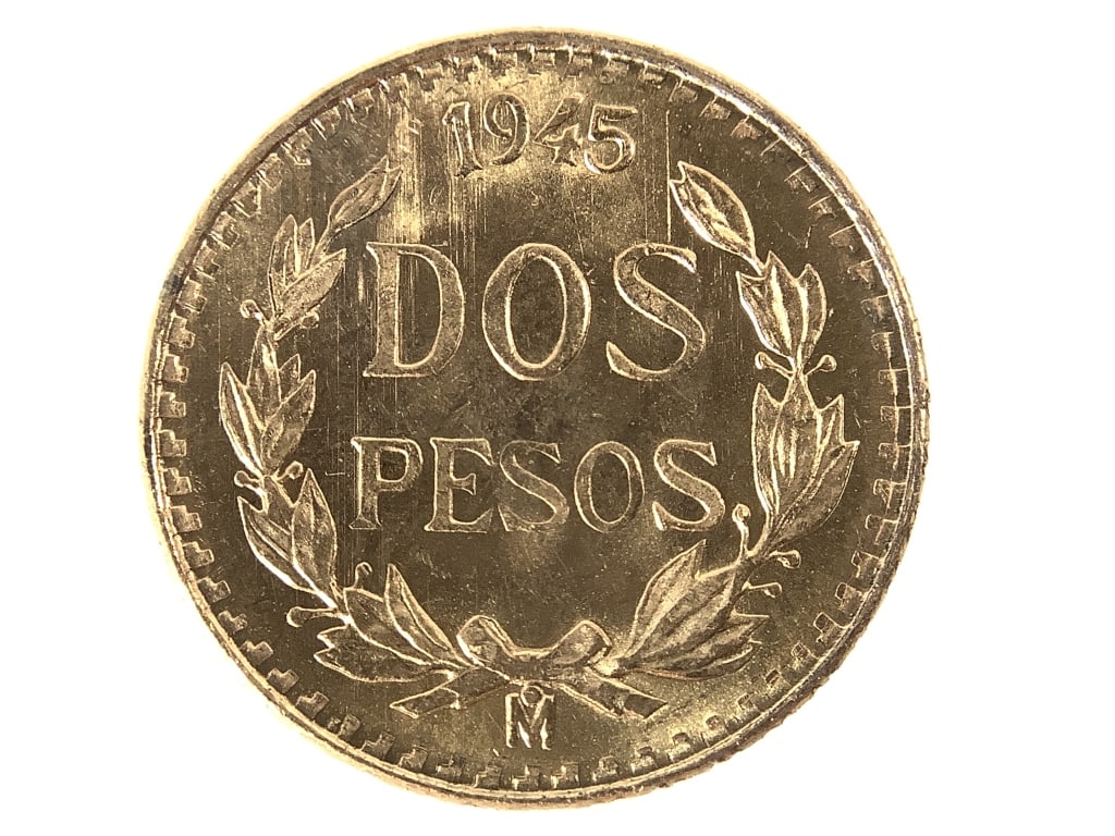 1945 Mexico 2 Peso Gold .900, AGW .0482: See pictures