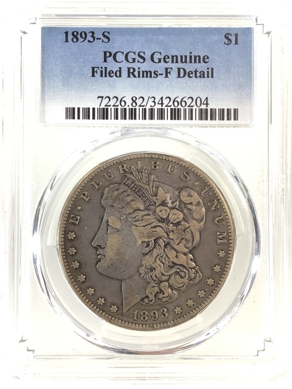 1893 S Morgan Dollar PCGS F Details - Filed Rims: Key Date Coin in Series