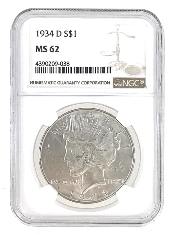 1934 D Peace Dollar NGC MS62: See pictures