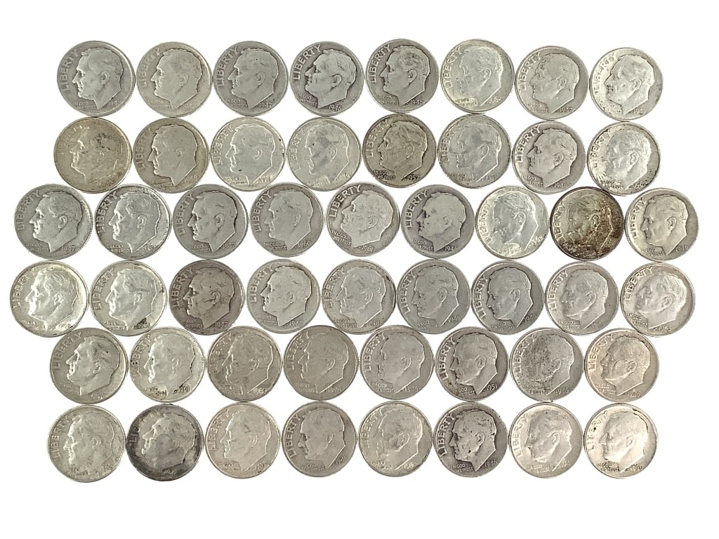 50 Silver Roosevelt Dimes in Tube: See pictures