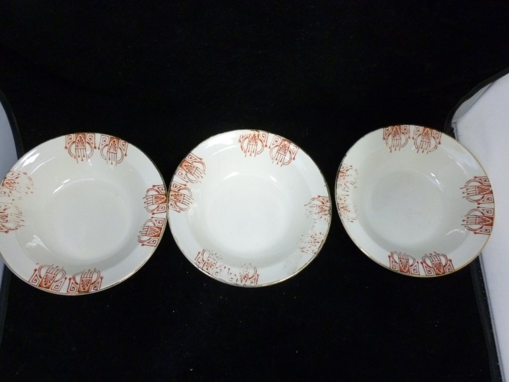 3 small Taylor Smith and Taylor dishes: A set of 3 porcelain Taylor Smith and Taylor dishes. Each with red pattern brimming the border and gold trim. Original Taylor Smith Taylor back stamp is on the back with serial number.