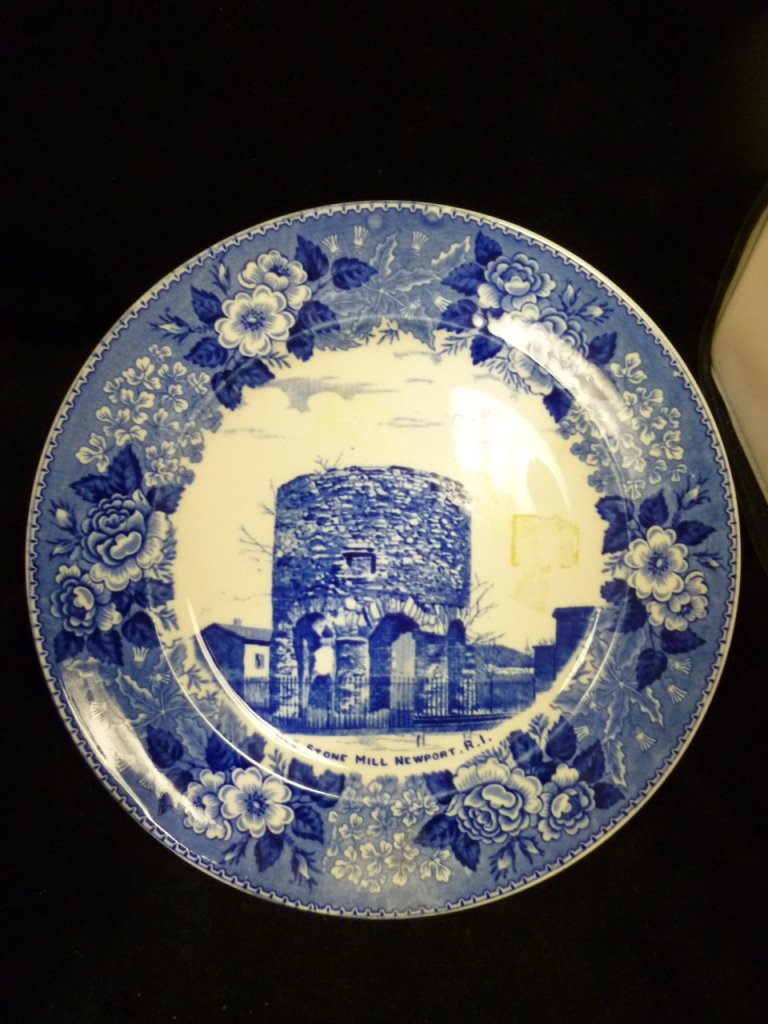 Old English Staffordshire Decorative Plate of Newport R: A decorative plate made in Staffordshire England imported for John H. Kazanjian. The plate depicts Old Stone Mill in Newport Rhode Island. Plate has authenticating back mark.