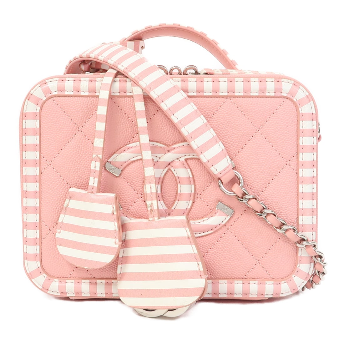 CHANEL Pink Pink Caviar Leather Vanity Case Silver Strap Shoulder Back Bag Powder Red Shoulder (1 of 15)