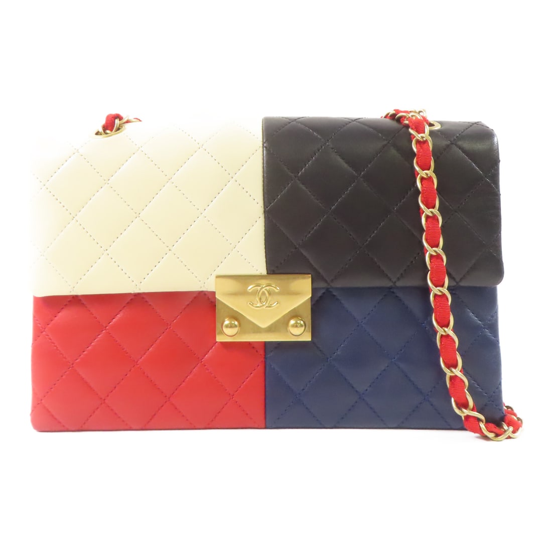 CHANEL Black Red/White/Black/Navy Sheepskin Leather Shoulder Bag Golden Shoulder Back Bag Red/ (1 of 20)