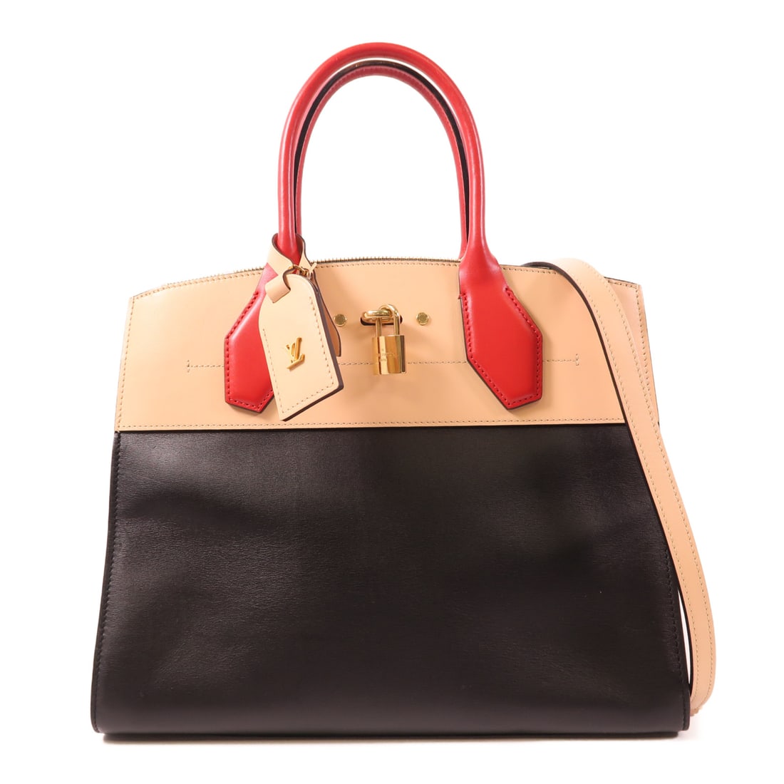 LOUIS VUITTON Cowhide Leather City Steamer MM Hand-Handed Shoulder and Back Bag Black Beige Bl (1 of 13)