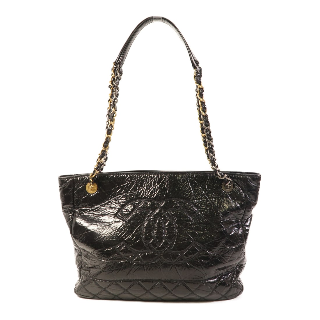 CHANEL Black Black Lacquered Leather Coco Mark Chain Tote Bag Crossbody Shoulder Back Bag Shoulder (1 of 20)