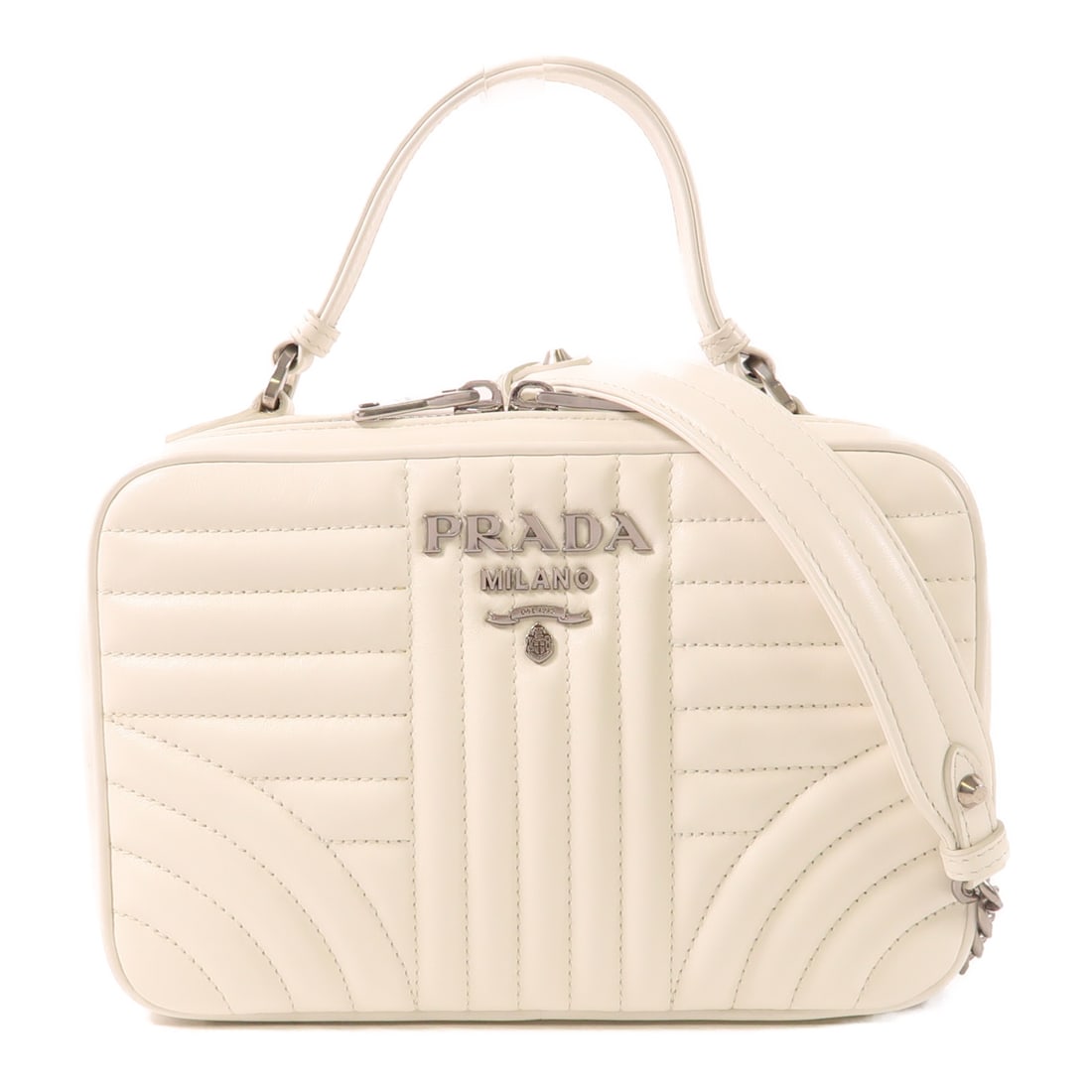 PRADA Cowhide Leather Diagramme Silver Hand-Turn Shoulder Bag 2wayShoulder Bag White White Calfskin (1 of 15)