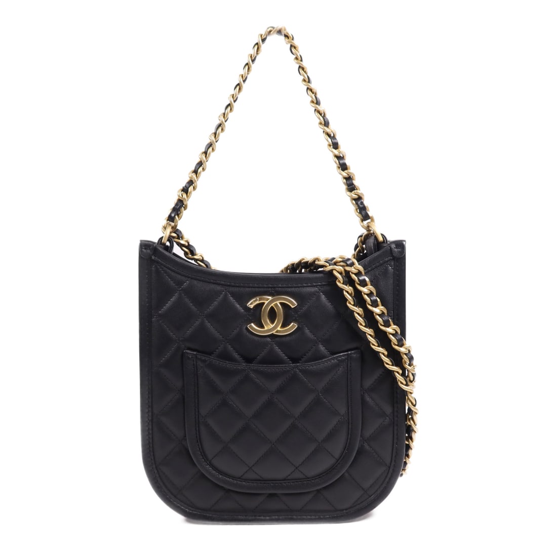 CHANEL Black Black Cowhide leather Chanel Hobo golden crosshair hand-turned shoulder and back bag (1 of 13)