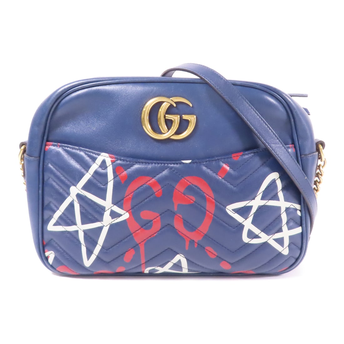 GUCCI Cowhide Leather Chain Shoulder Golden Chain Shoulder Back Bag Shoulder Bag Navy Blue Ca (1 of 12)
