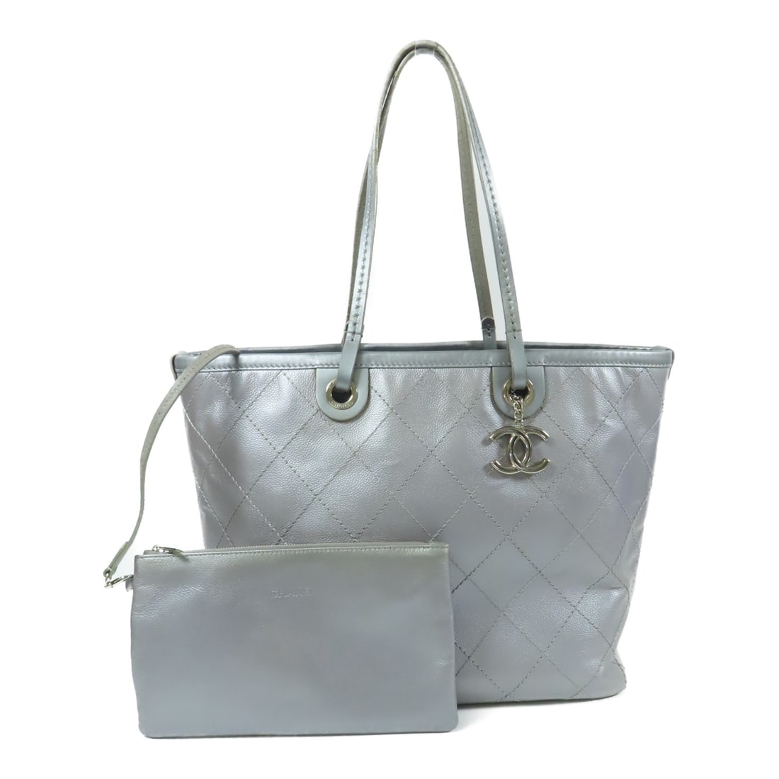 CHANEL Silver Sliver Cowhide Leather Tote Bag Silver Shoulder Back Bag Tote Bag Calfskin (cowhide) (1 of 18)