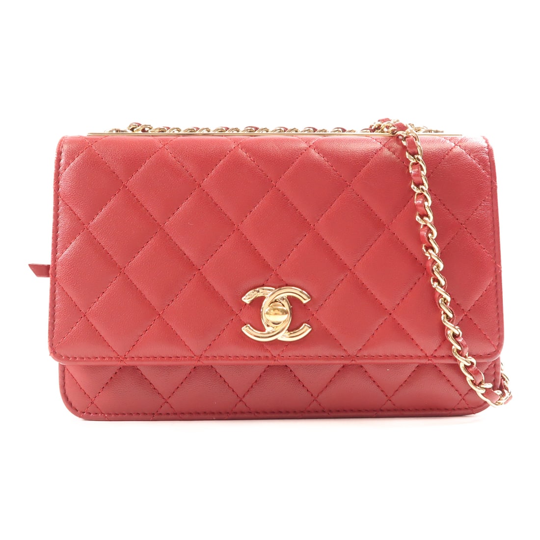 CHANEL Red Red Cowhide Leather WOC Wallet On Chain Golden Cross Shoulder Back Bag Shoulder Bag (1 of 13)